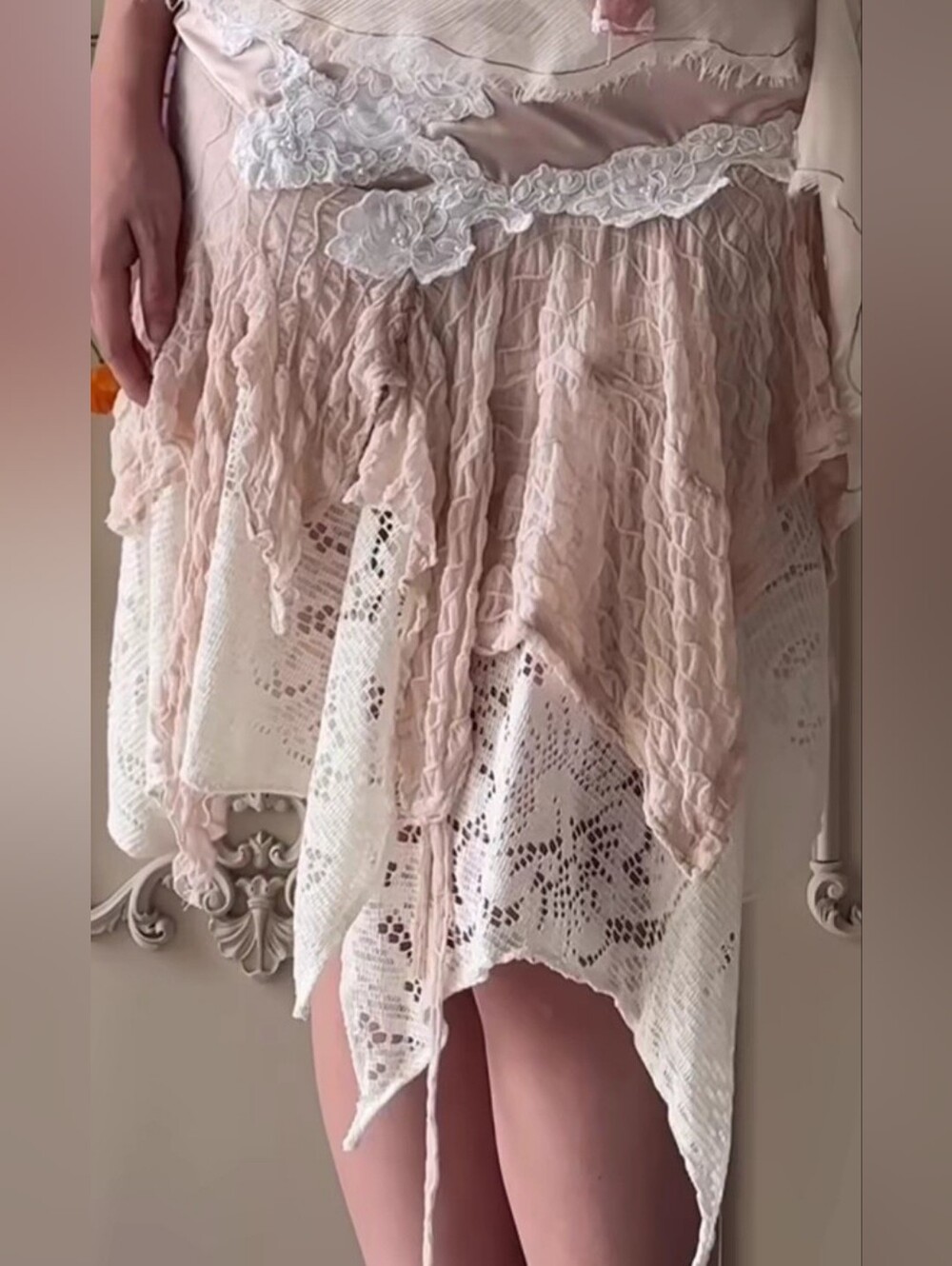 Shabby Chic Boho Fairy Lace & Ruffle Pink And Cream Sparkle Layered Skirt